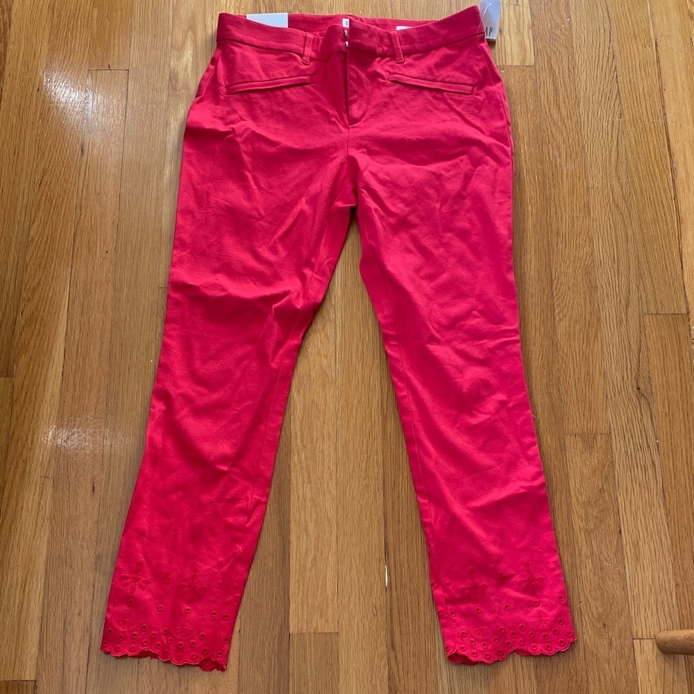 Women's Red Skinny Pants with Eyelet Hem